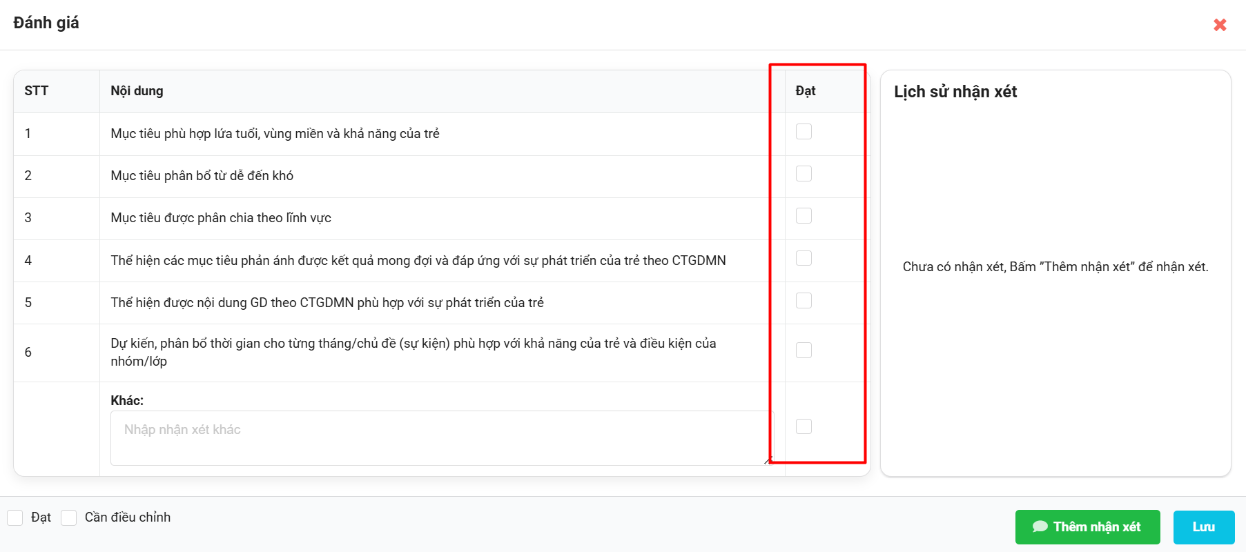 Màn hình tiêu chí đánh giá gợi ý từ phần mềm