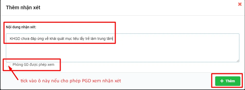 Màn hình thêm nhận xét cho trường