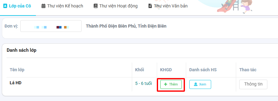 Màn hình thêm kế hoạch giáo dục cho lớp