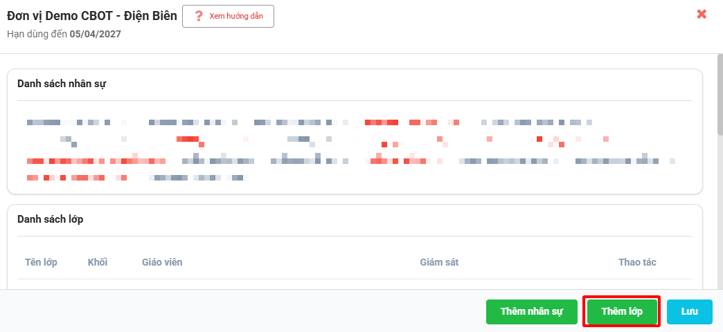 Màn hình thêm lớp trong trường