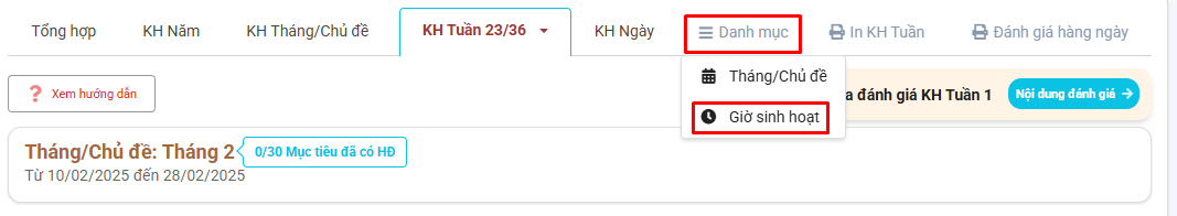 Màn hình danh mục giờ sinh hoạt