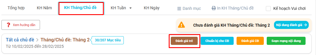 Màn hình chọn đánh giá trẻ theo tháng/chủ đề