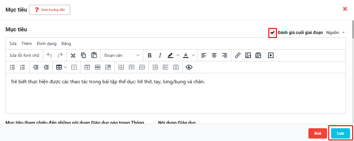 Màn hình chọn mục tiêu đánh giá theo giai đoạn