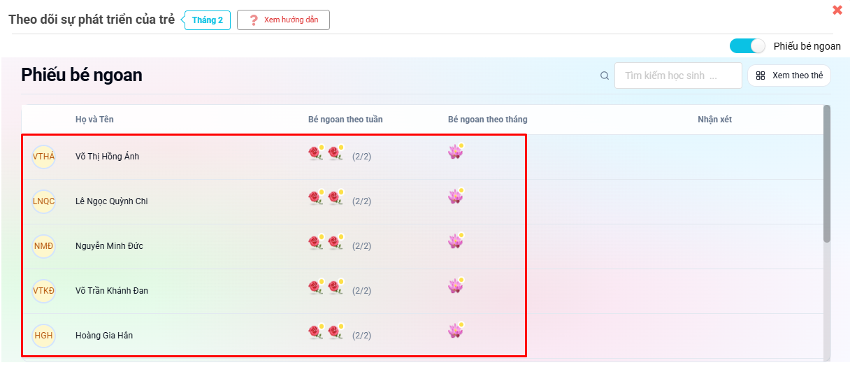 Màn hình chọn học sinh để xem và đánh giá sổ bé ngoan