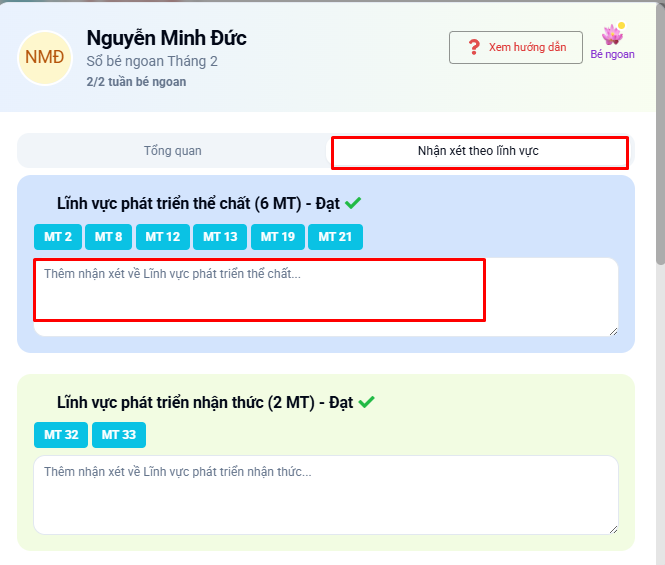 Màn hình nhận xét theo từng lĩnh vực