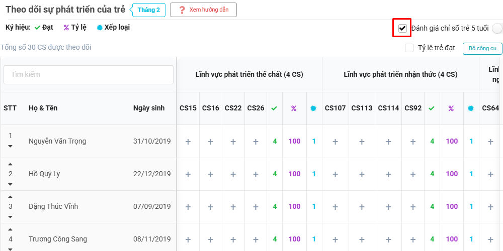Màn hình chọn đánh giá chỉ số trẻ 5 tuổi
