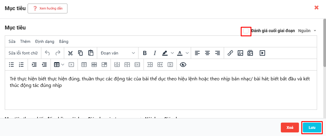 Màn hình chọn mục tiêu đánh giá cuối độ tuổi