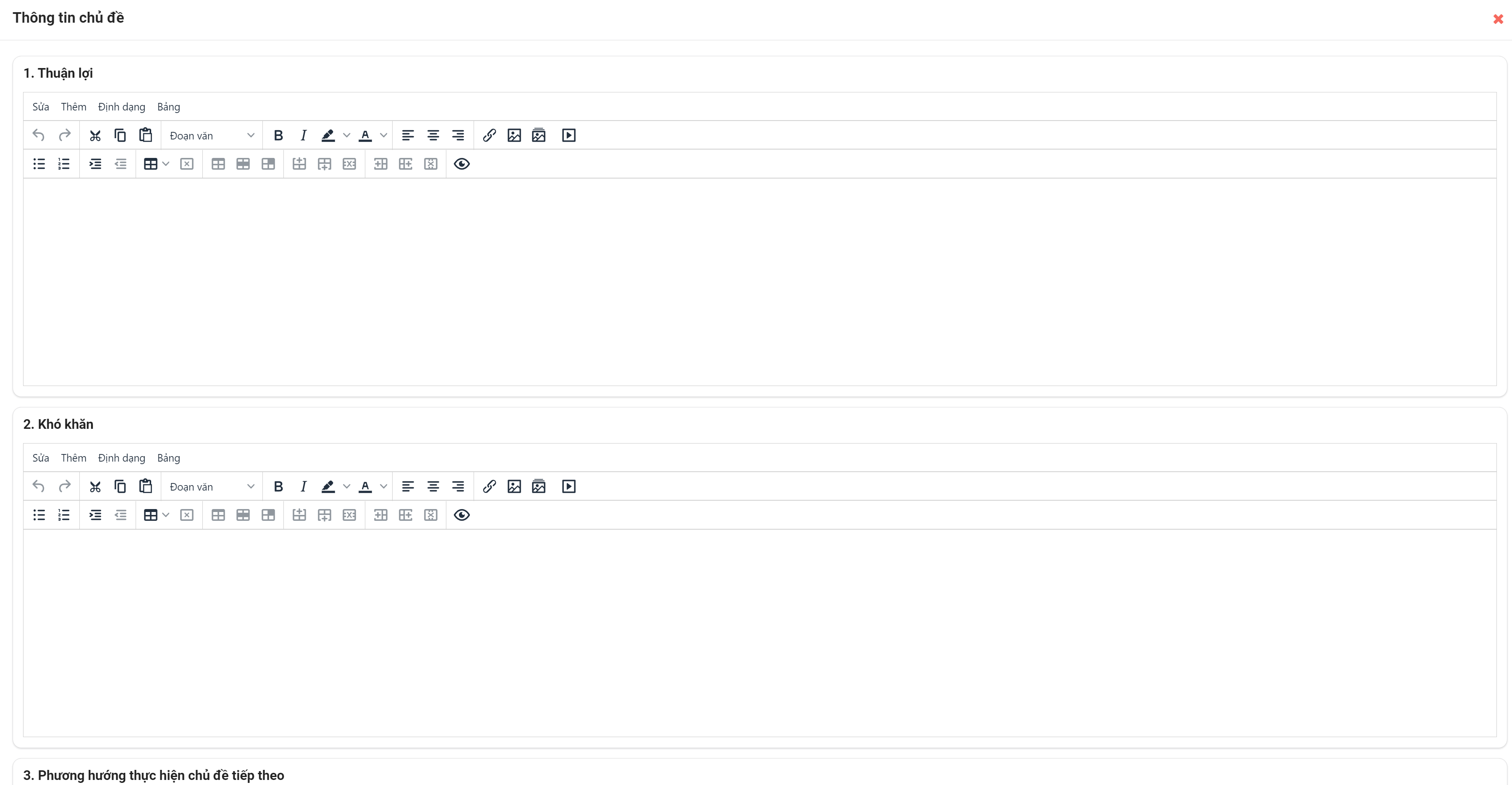 Màn hình nhập nội dung thuận lợi, khó khăn, phương hướng thực hiện chủ đề tiếp theo
