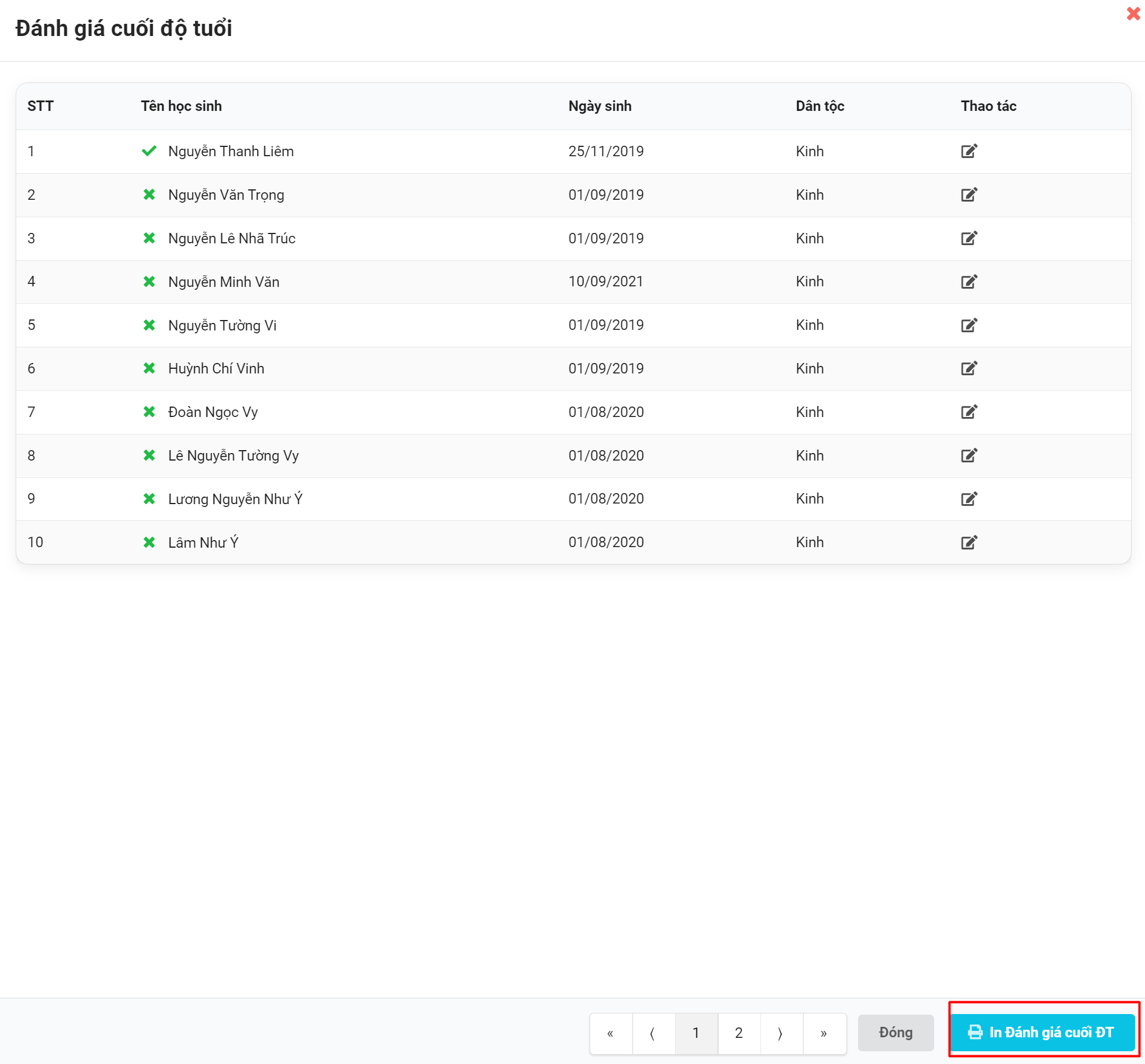 Màn hình in đánh giá cuối độ tuổi