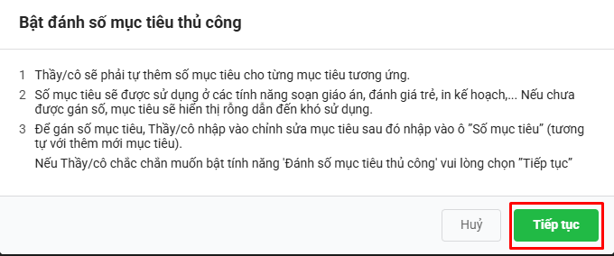 Màn hình xác nhận bật đánh số mục tiêu thủ công