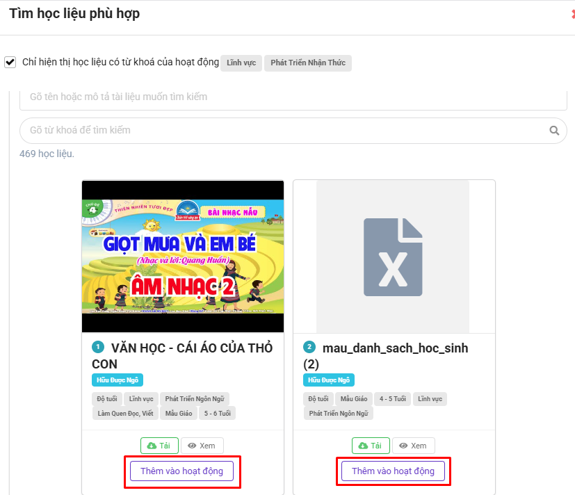 Màn hình chọn học liệu gán vào hoạt động