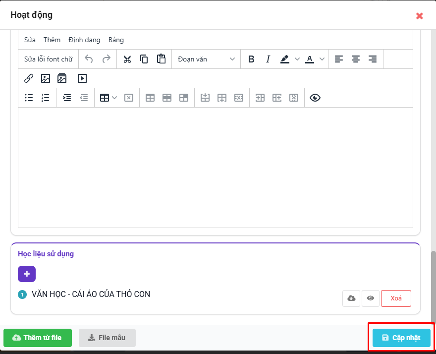 Màn hình cập nhật học liệu vào hoạt động 