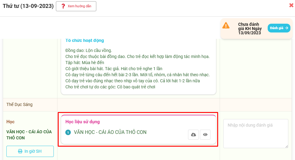 Màn hình hiển thị học liệu trong kế hoạch ngày