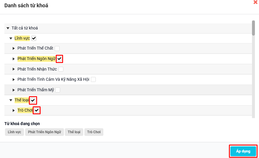 Màn hình chọn từ khóa cho học liệu