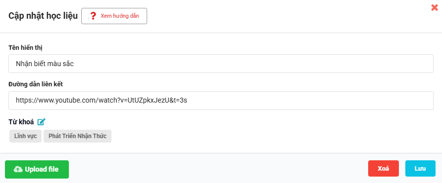 Màn hình chỉnh sửa thông tin học liệu như tên hiển thị, đường dẫn học liệu, file học liệu, từ khóa
