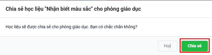 Màn hình xác nhận chia sẻ học liệu