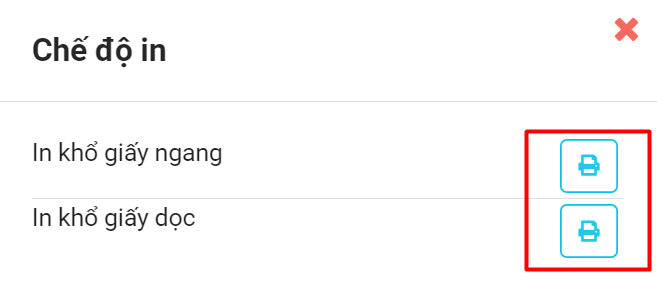 Màn hình chọn chế độ in ngang hoặc in dọc