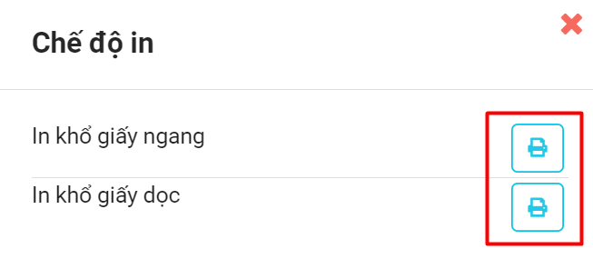 Màn hình chọn chế độ in ngang, in dọc