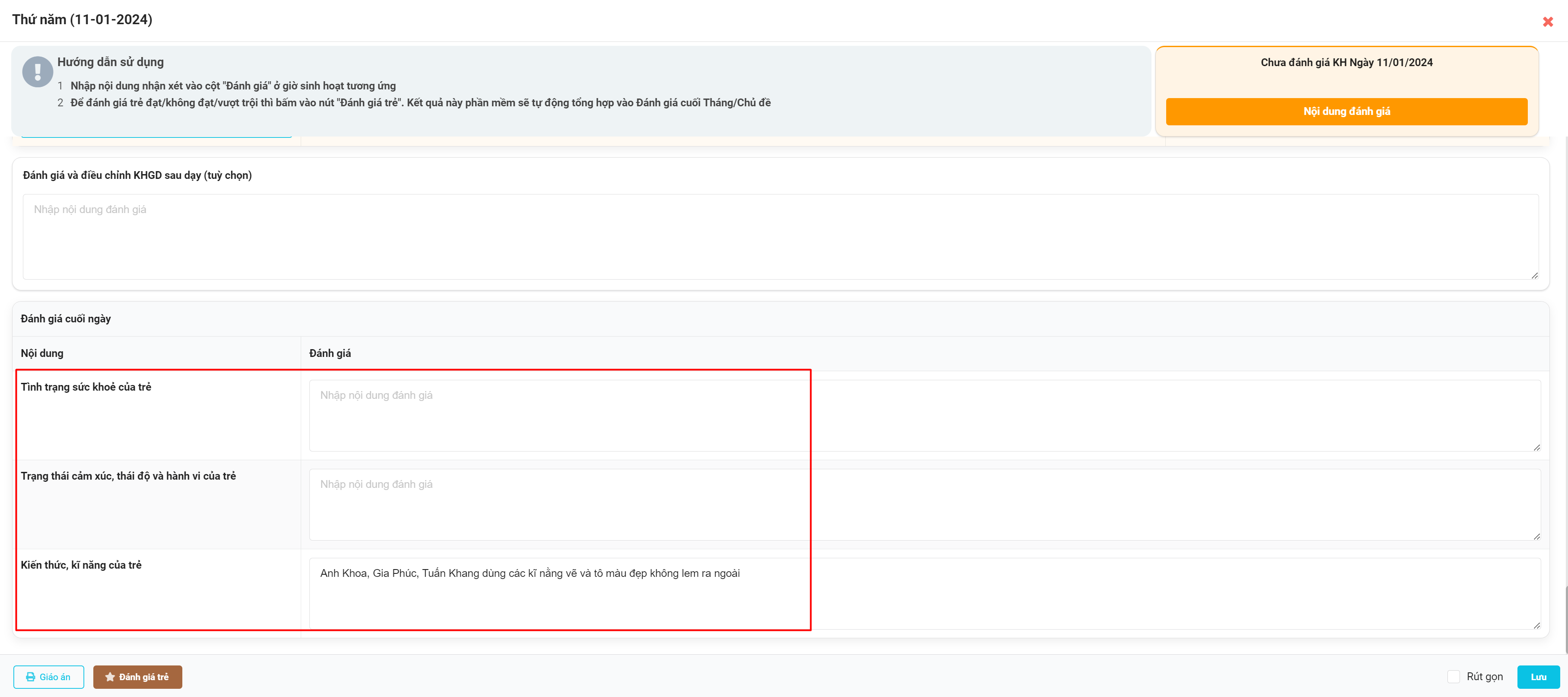 Màn hình nhận xét cuối ngày