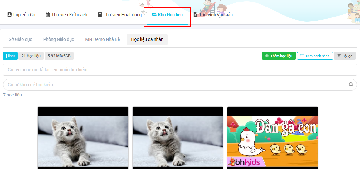 Màn hình kho học liệu
