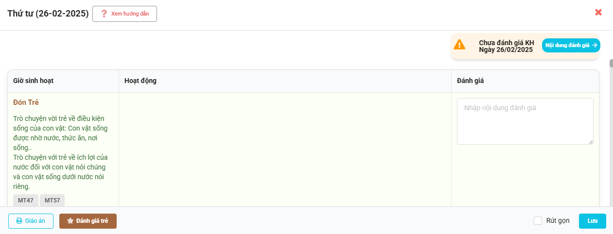 Màn hình hiển thị giáo án trong ngày