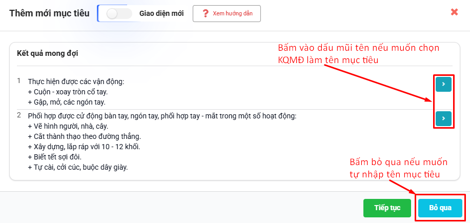 Màn hình chọn mục tiêu từ kết quả mong đợi hoặc lựa chọn bỏ qua để tự nhập mục tiêu
