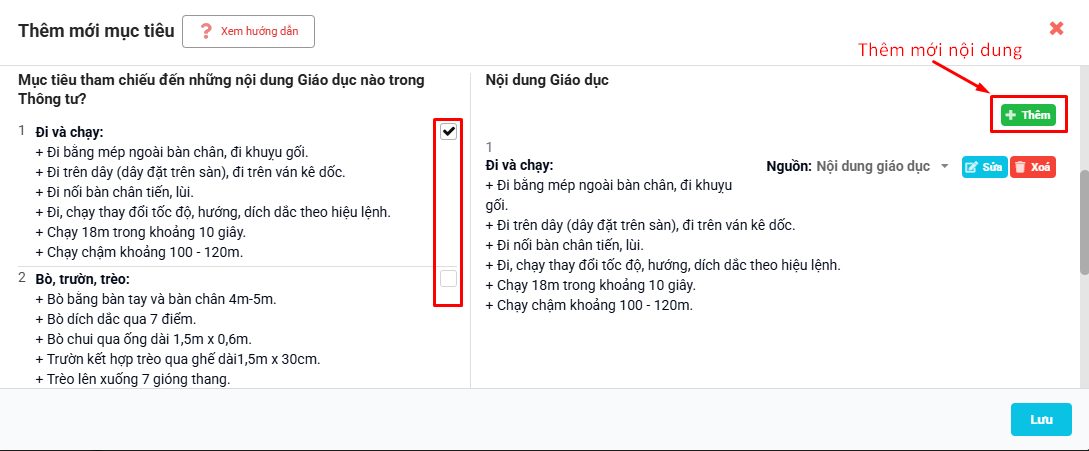 Màn hình cập nhật nội dung giáo dục tương ứng với mục tiêu