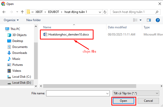 Màn hình chọn file hoạt động