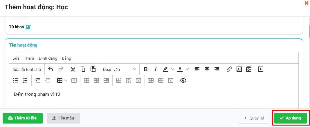 Màn hình áp dụng hoạt động vào kế hoạch tuần