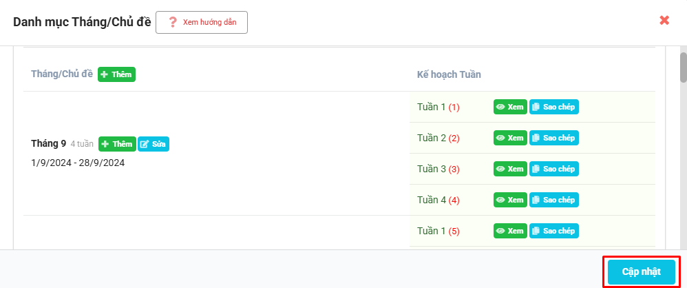 Màn hình cập nhật tháng/chủ đề