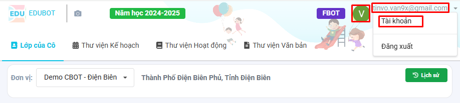 Màn hình chọn thông tin tài khoản