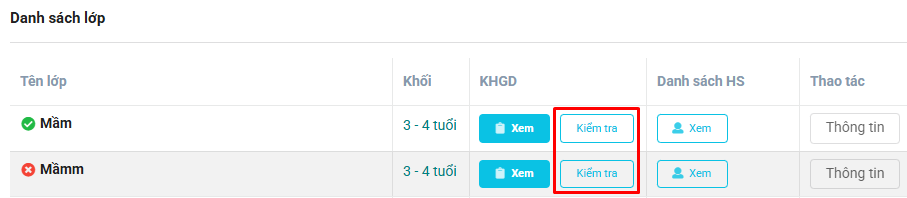 Màn hình chọn kiểm tra kế hoạch của lớp