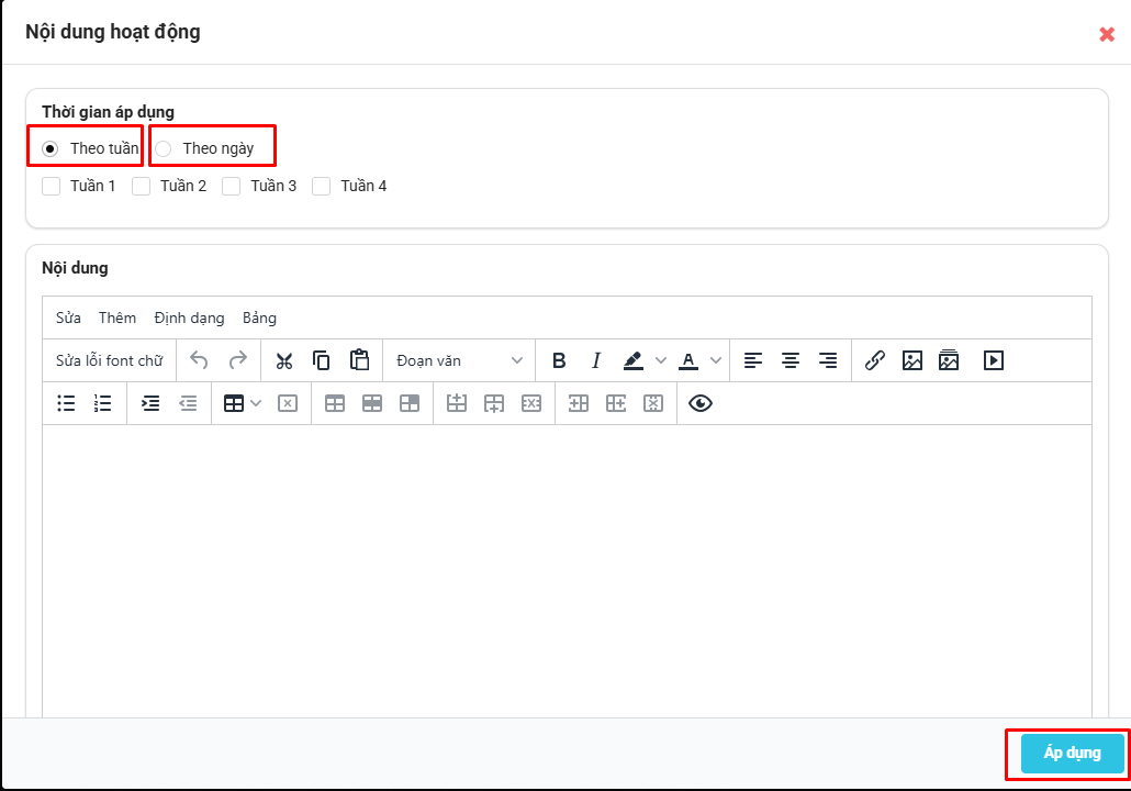 Màn hình nhập nội dung, hoạt động theo tuần hoặc theo ngày