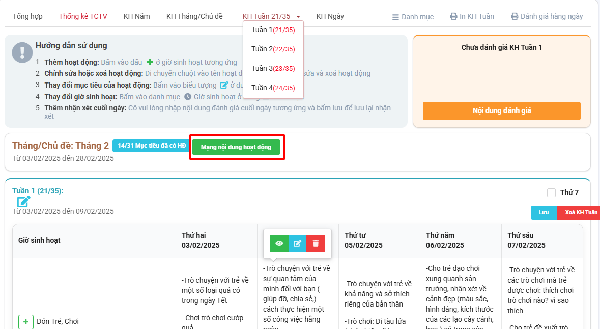 Màn hình chọn xem mạng nội dung hoạt động