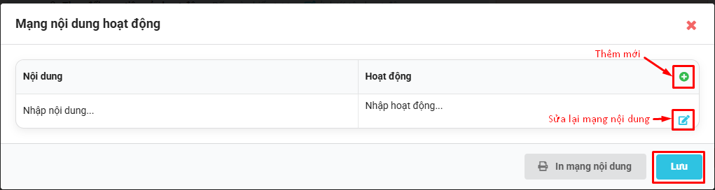 Màn hình điều chỉnh lại mạng nội dung hoạt động