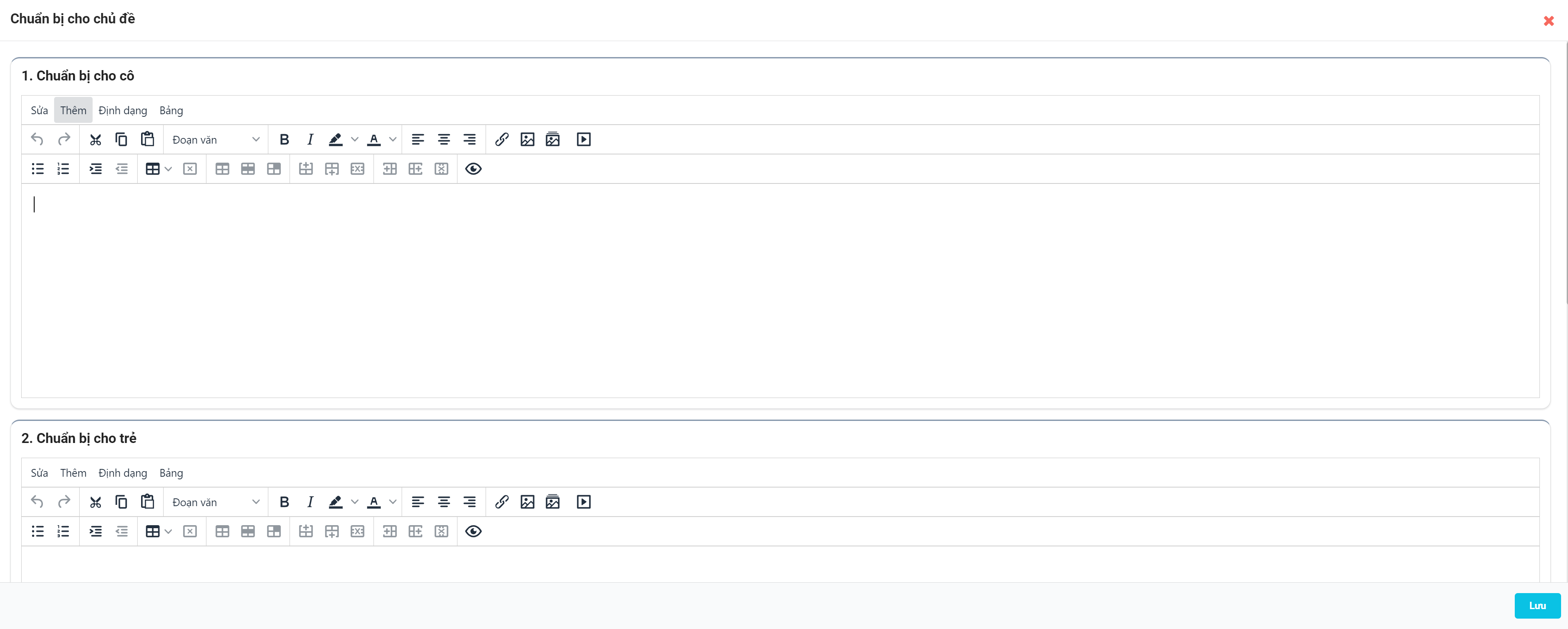 Màn hình nhập nội dung chuẩn bị cho cô, chuẩn bị cho trẻ, công tác phối hợp