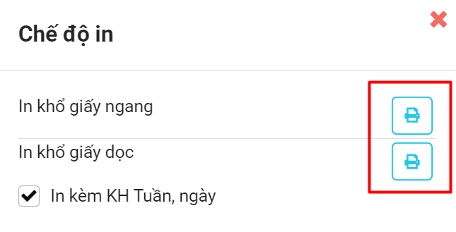 Màn hình chọn chế độ in ngang, in dọc