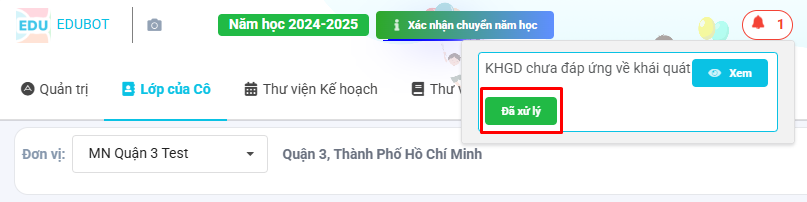 Màn hình phản hồi đã xử lý, điều chỉnh theo nhận xét cấp trên