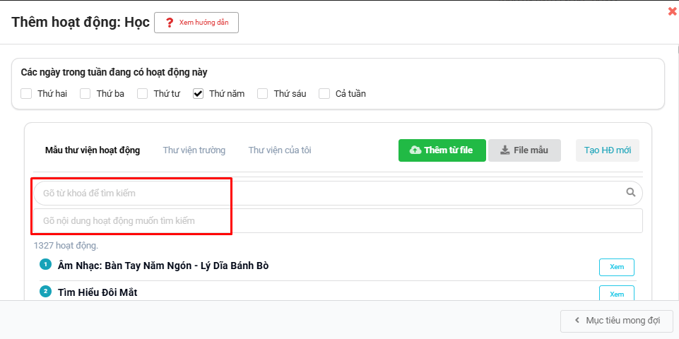 Màn hình tìm kiếm hoạt động mẫu và xem hoạt động