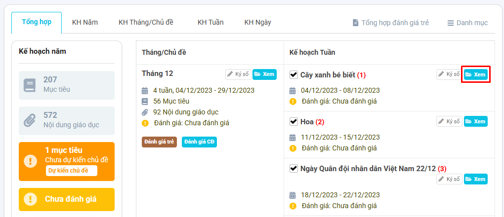 Màn hình mở nhanh kế hoạch tuần