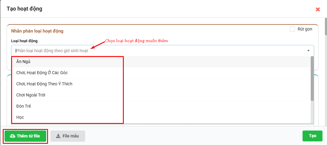 Màn hình chọn phân loại hoạt động và thêm hoạt động từ file word