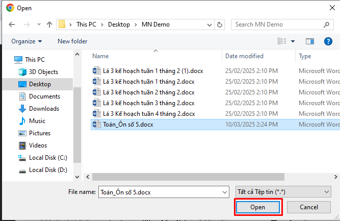 Màn hình chọn file hoạt động