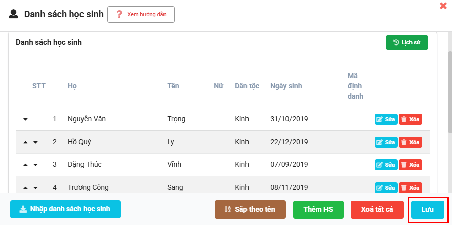 Màn hình cập nhật danh sách học sinh