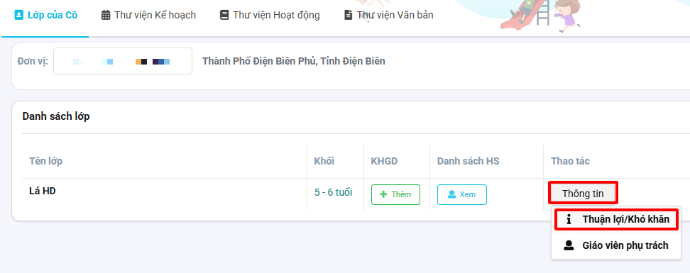 Màn hình thông tin thuận lợi khó khăn trong lớp